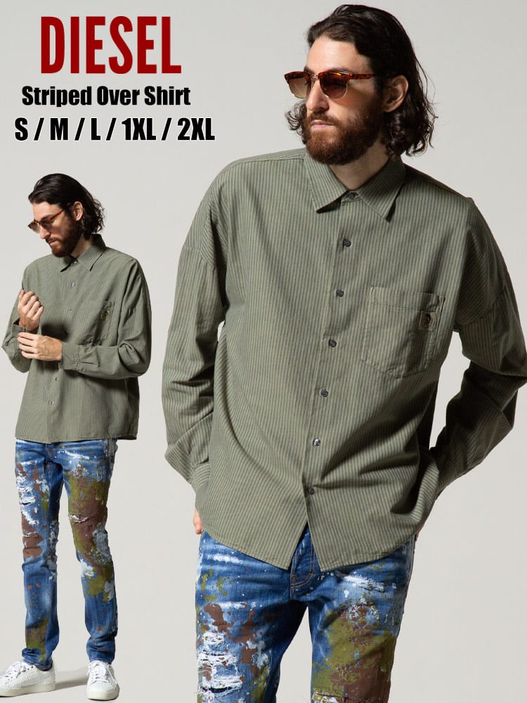 DIESEL (ディーゼル) コットン ストライプ ポケット 長袖 シャツ オーバーサイズ DSA02818QCAP
