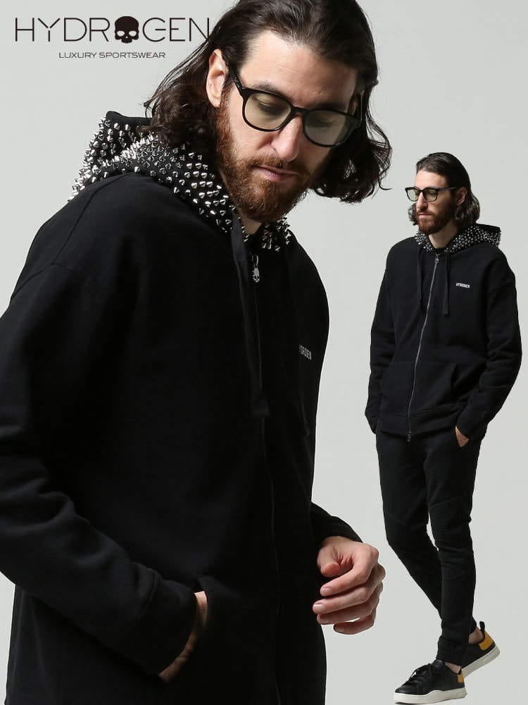 HYDROGEN (ハイドロゲン) 裏起毛 フードスタッズ フルジップ パーカー HY294624 メンズ スウェット