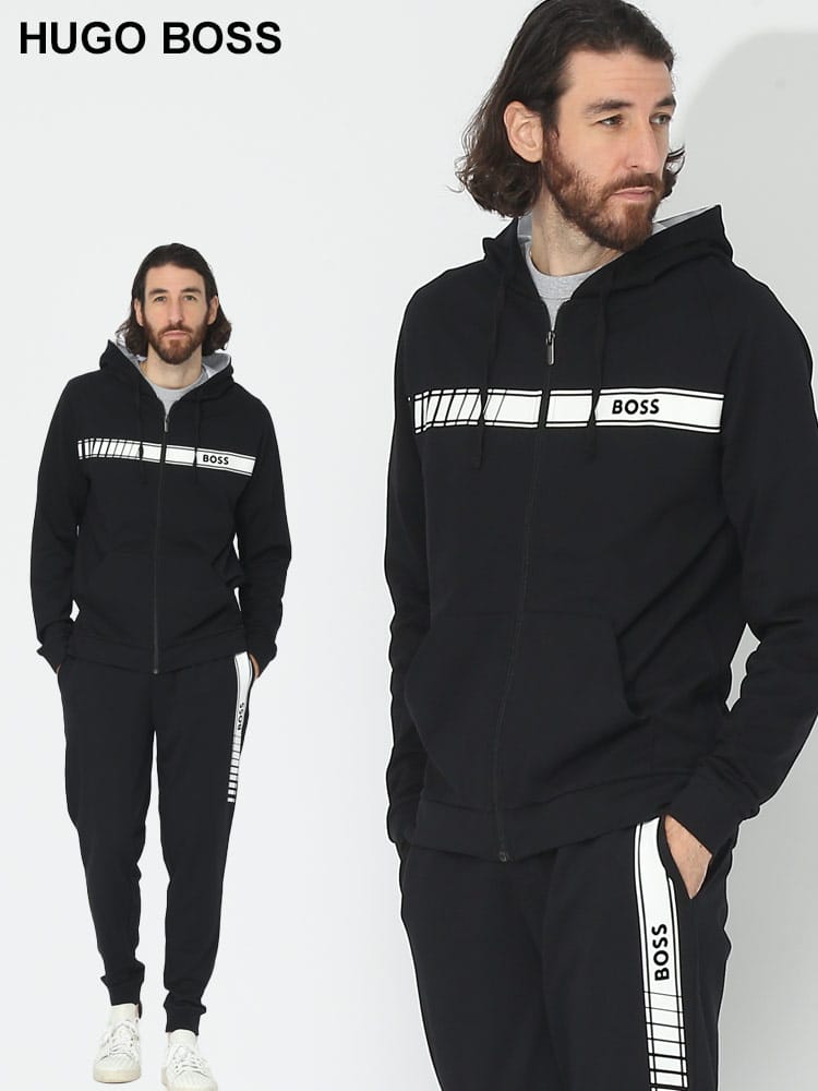 HUGO BOSS (ヒューゴボス) ロゴプリント フルジップ パーカー ロング 