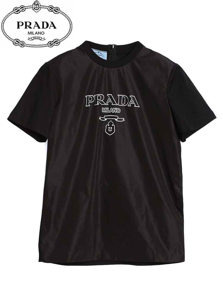 PRADA (プラダ) 異素材切り替え ロゴ クルーネック 半袖 Tシャツ