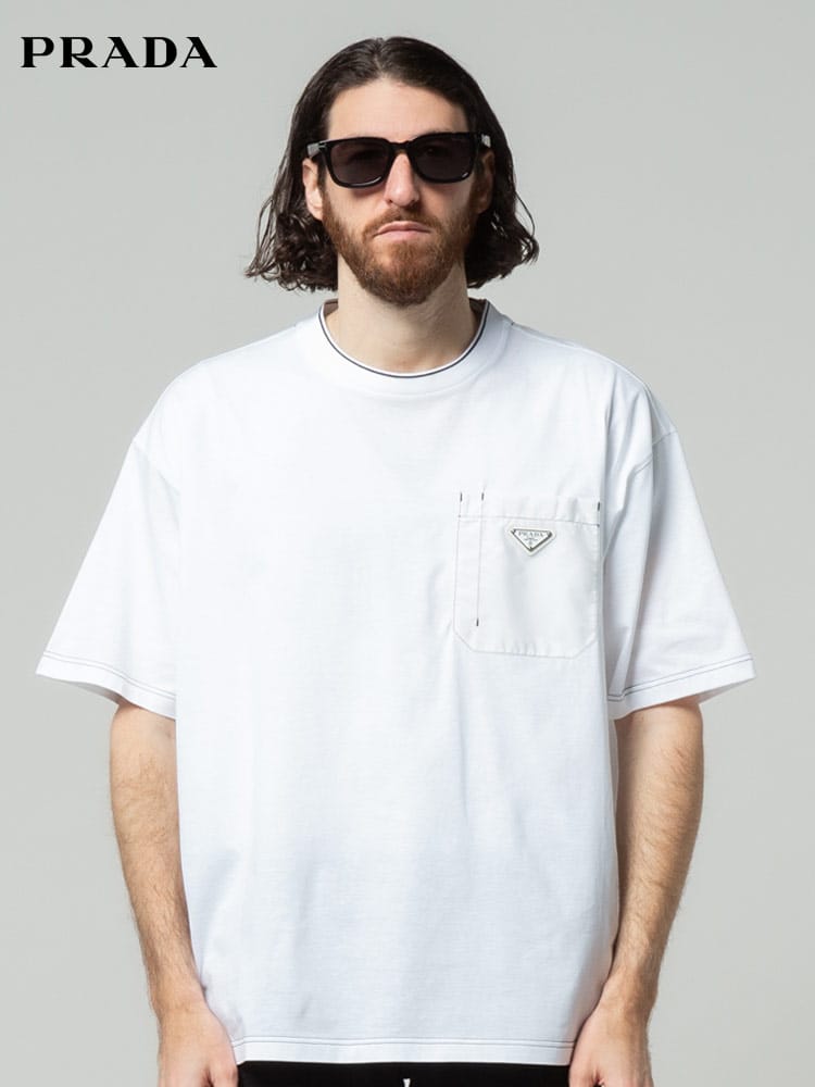 PRADA (プラダ) 異素材ポケット クルーネック 半袖 Tシャツ 