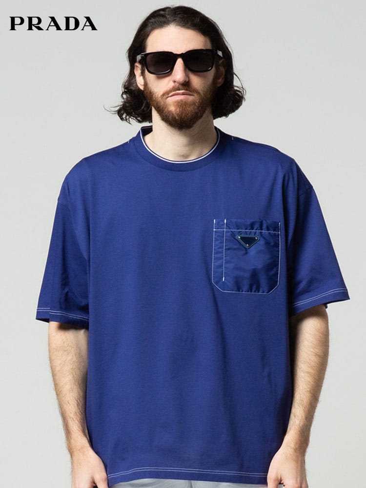 PRADA (プラダ) 異素材ポケット クルーネック 半袖 Tシャツ PRUJN79010D3 ブランド
