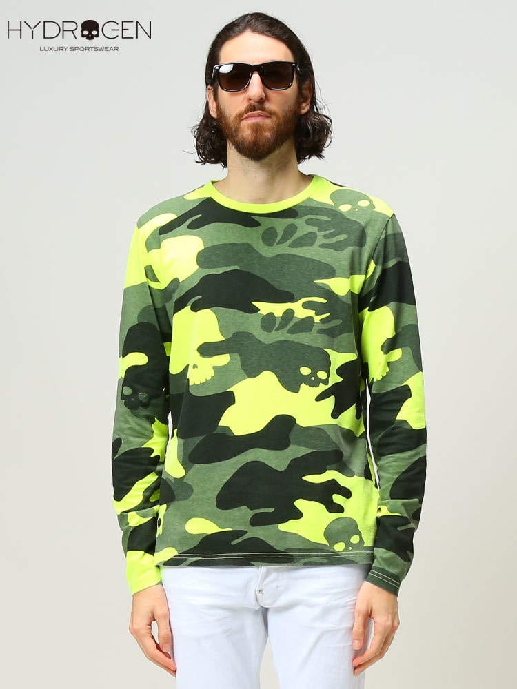 HYDROGEN (ハイドロゲン) ブランド メンズ 迷彩柄 スカル クルーネック 長袖 Tシャツ ロンT HY300108