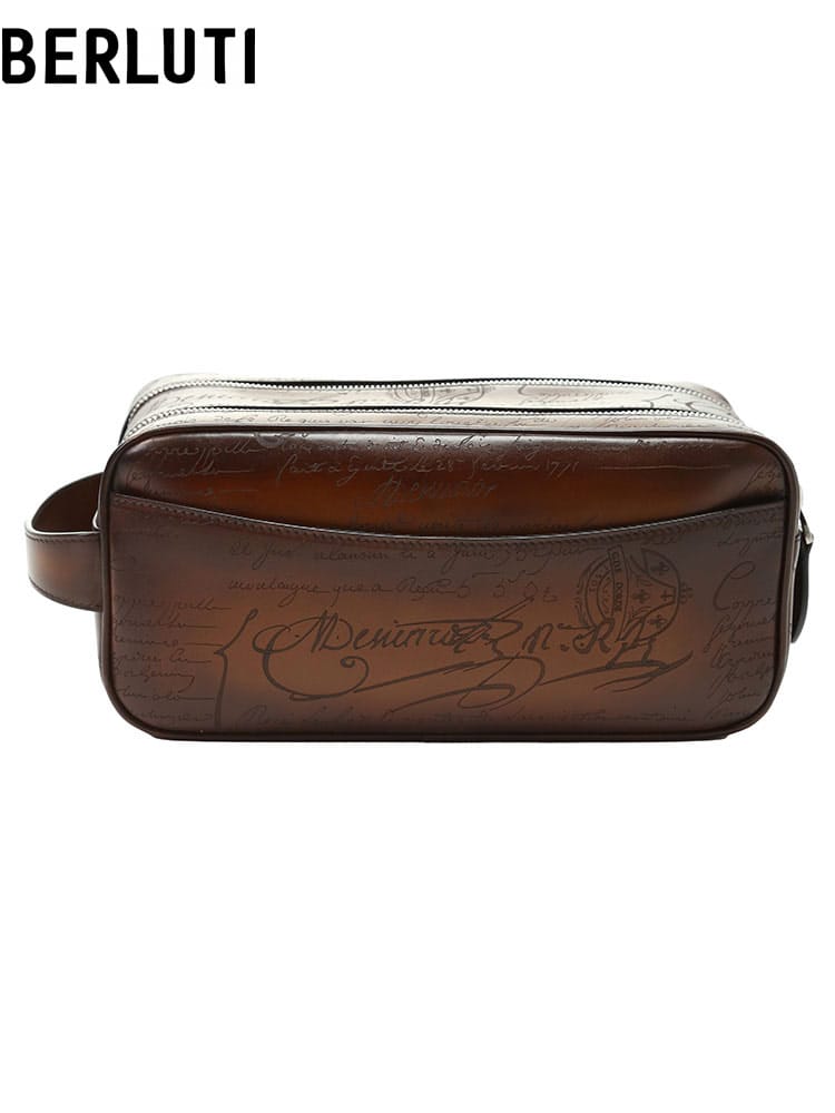 ベルルッティ メンズ バッグ Berluti ブランド 鞄 トラベルバッグ ポーチ ハンドバッグ ロゴ スクリットレザー ジップ レザー 本革 ブラウン 茶色 BRN235757
