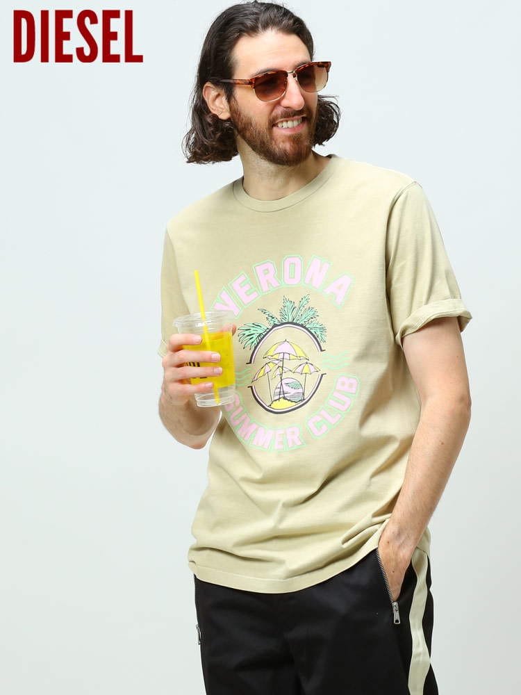 ディーゼル メンズ Tシャツ 半袖 DIESEL ブランド トップス パラソル プリント プリントT バックプリント クルーネック シャツ カットソー 春 夏 ベージュ 大きいサイズ DSA051510ASUB