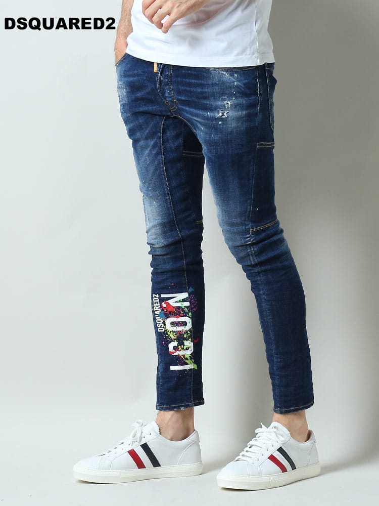 DSQUARED2 ダメージ加工デニム Slim Jean ディースク ディースクエアード DSQUARED2 ダメージデニム メンズ  クラッシュジーンズ SKATER JEAN スケータージーン ライトグレーウォッシュ リペア加工 スリムテーパードシルエット 国内正規品 でらでら  公式ブランド | 公式 ... DSQUARED ダメージデニム