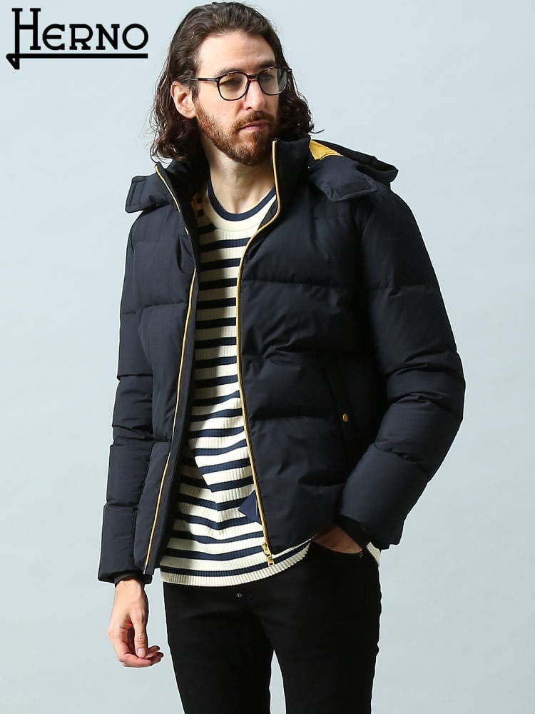 ヘルノ メンズ ダウン HERNO ブランド ダウンジャケット ショートダウン アウター ジャケット ブルゾン フード着脱 フルジップ GORE-TEX ゴアテックス 黒 クロ 黄色 イエロー 大きいサイズ HRPI00233UL