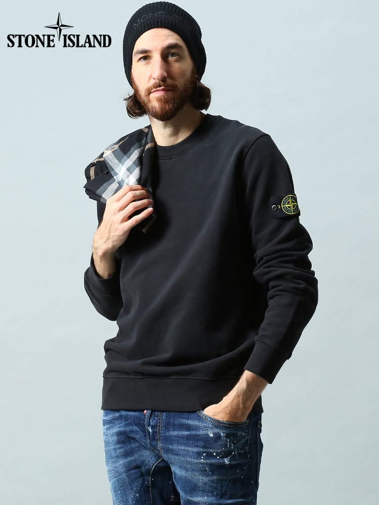 ストーンアイランド メンズ トレーナーSTONE ISLAND ブランド トップス プルオーバー スウェット スウェットシャツ ステッチ 長袖 袖ロゴ クルーネック 63020 コットン 綿100% 黒 クロ SI771563020