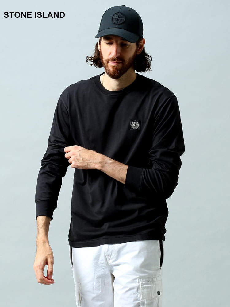 ストーンアイランド メンズ Tシャツ 長袖 STONE ISLAND ブランド ロンT トップス 胸ロゴ ロゴ クルーネック 22713 スリムフィット コットン 綿100％ 黒 クロ 大きいサイズ SI771522713