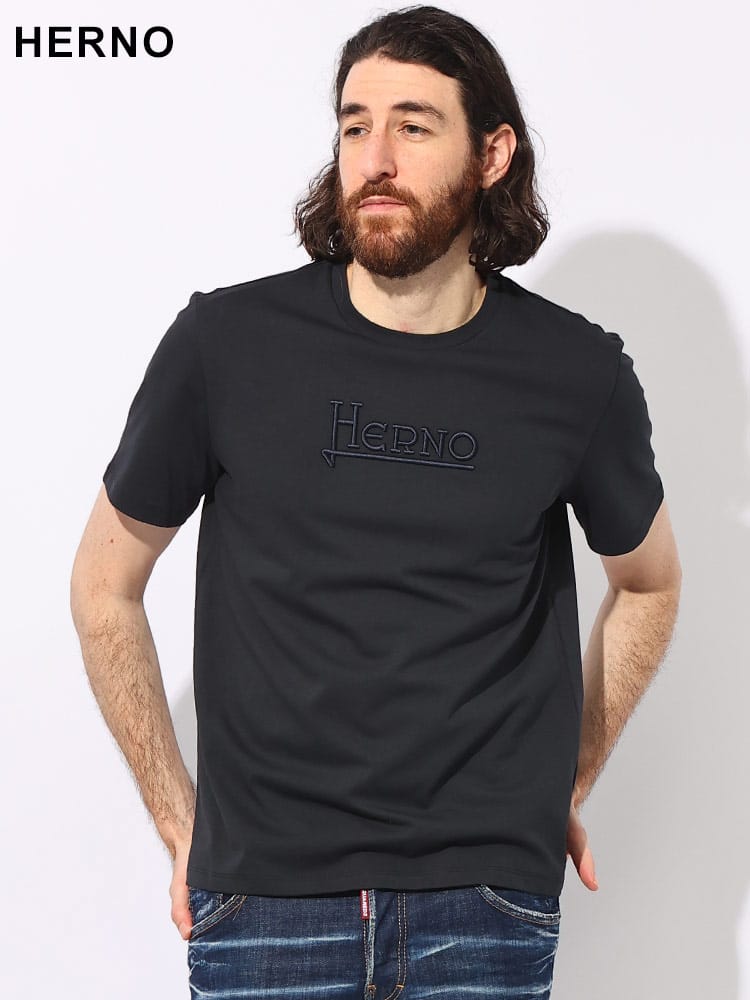 HERNO (ヘルノ) コットン100％ 立体刺繍 首裏ロゴプレート コンパクトジャージー Ｔシャツ