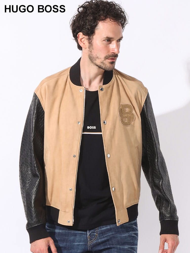 HUGO BOSS (ヒューゴボス) レザー スエード モノグラムロゴ ジッパー 