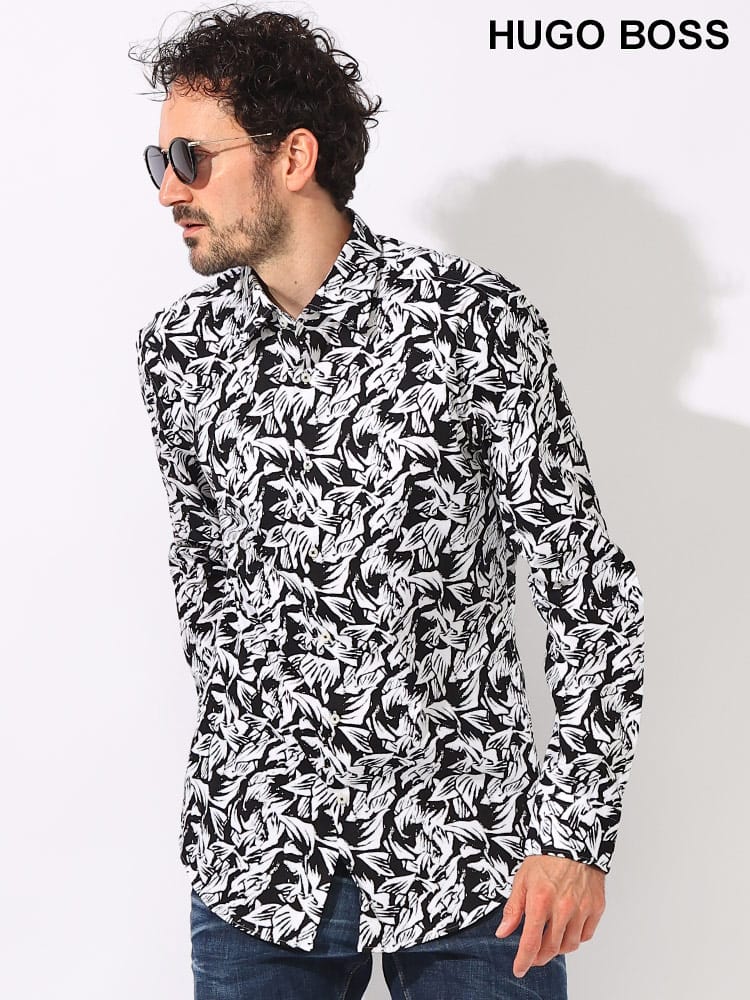 HUGO BOSS (ヒューゴボス) ストレッチコットン 花柄 カジュアルシャツ SLIMFIT