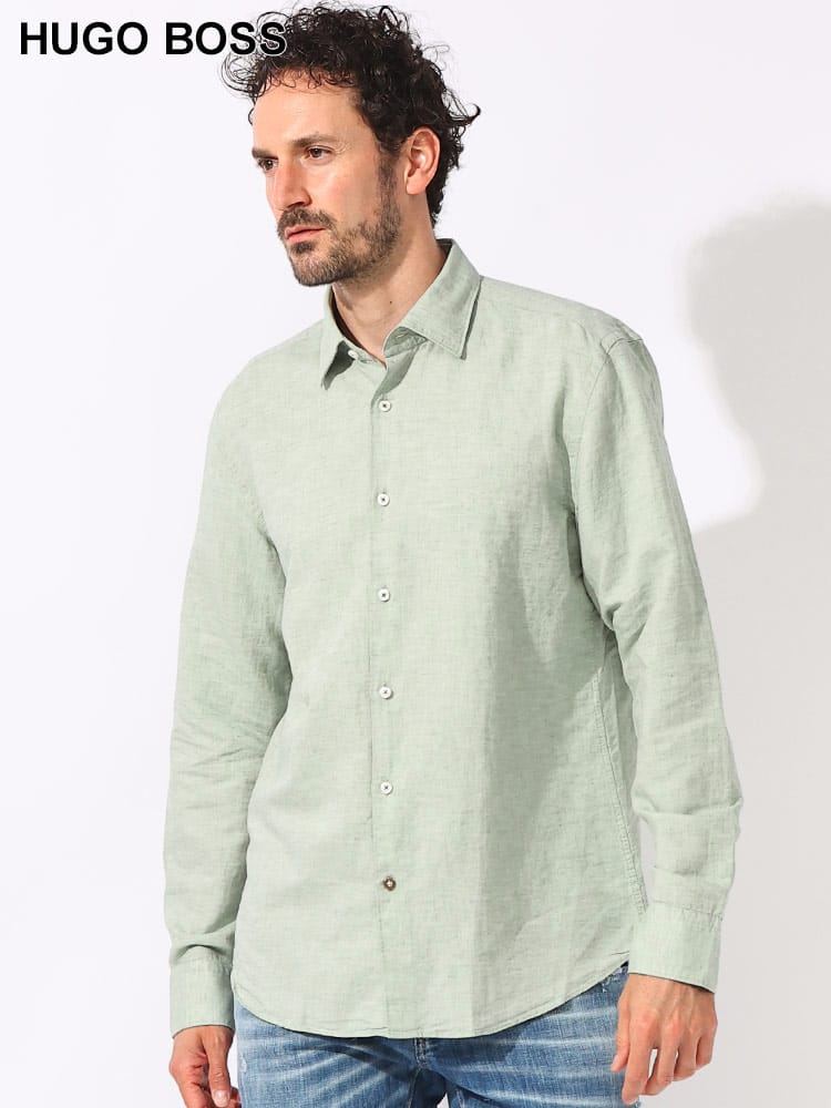 HUGO BOSS (ヒューゴボス) コットンリネン 無地 ボタンアクセント カジュアルシャツ CASUALFIT