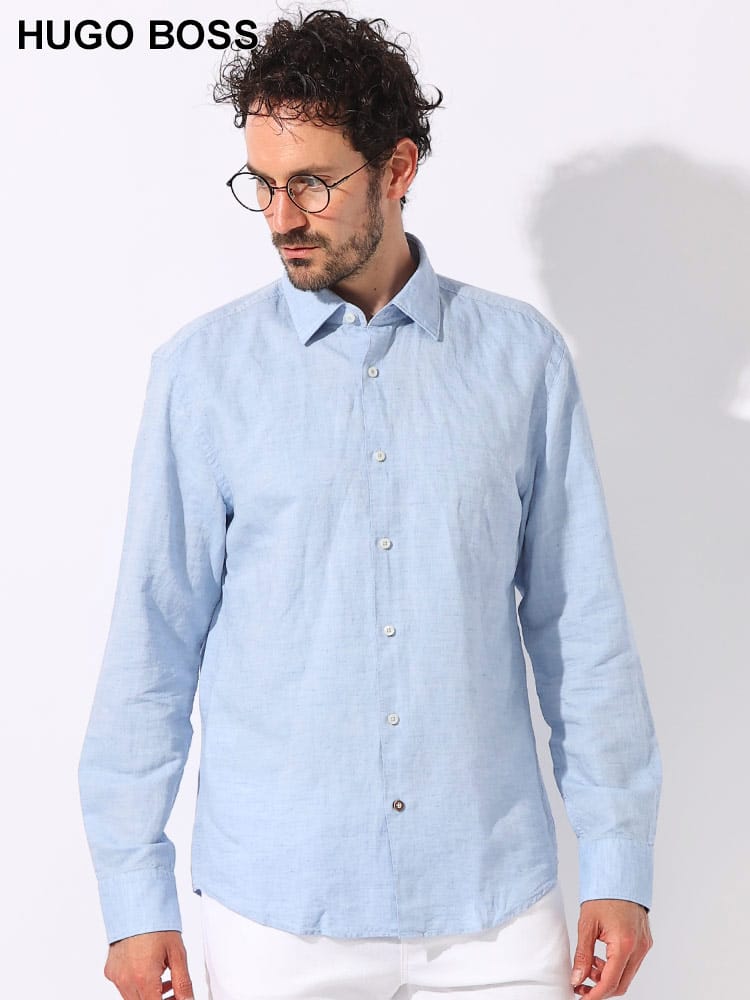 HUGO BOSS (ヒューゴボス) コットンリネン 無地 ボタンアクセント カジュアルシャツ CASUALFIT