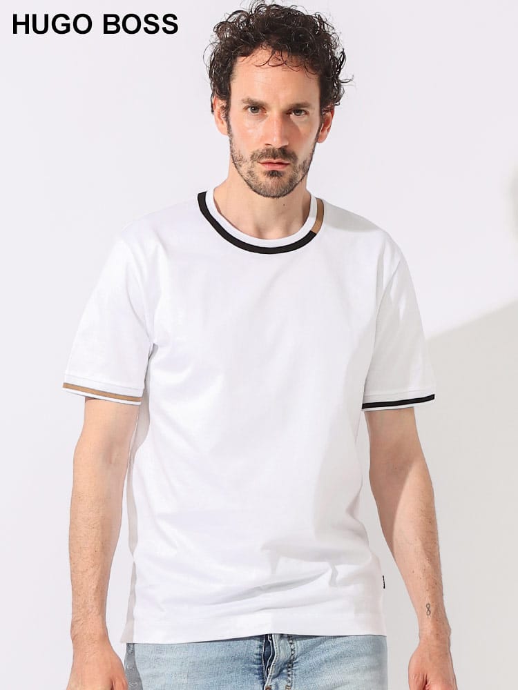 HUGO BOSS (ヒューゴボス) シルケット加工 コットン ストライプアクセント クルーネック 半袖 Tシャツ