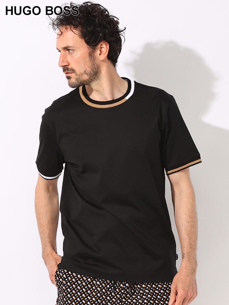 HUGO BOSS (ヒューゴボス) シルケット加工 コットン ストライプアクセント クルーネック 半袖 Tシャツ