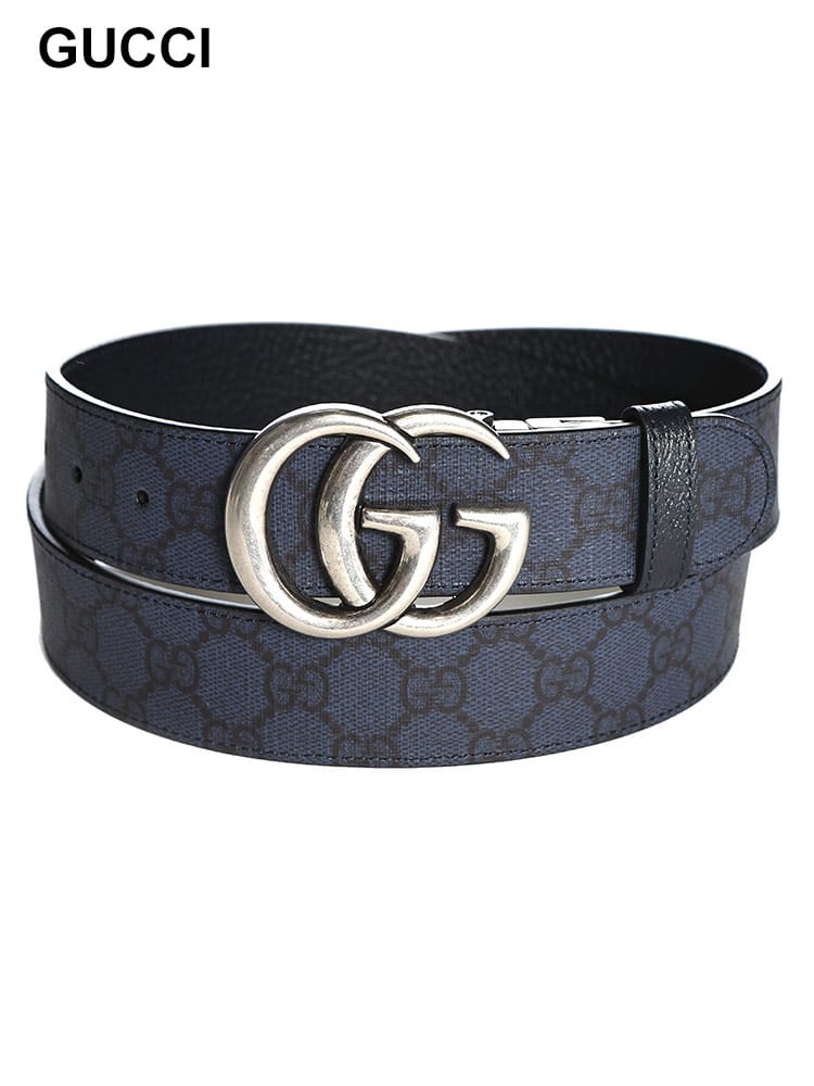GUCCI (グッチ) 総柄×無地 ダブルGバックル リバーシブル ベルト 