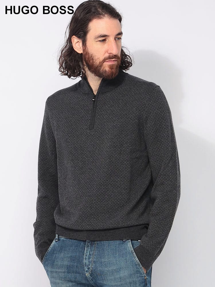HUGO BOSS (ヒューゴボス) ウール混 モックネック ハーフジップ ニット 