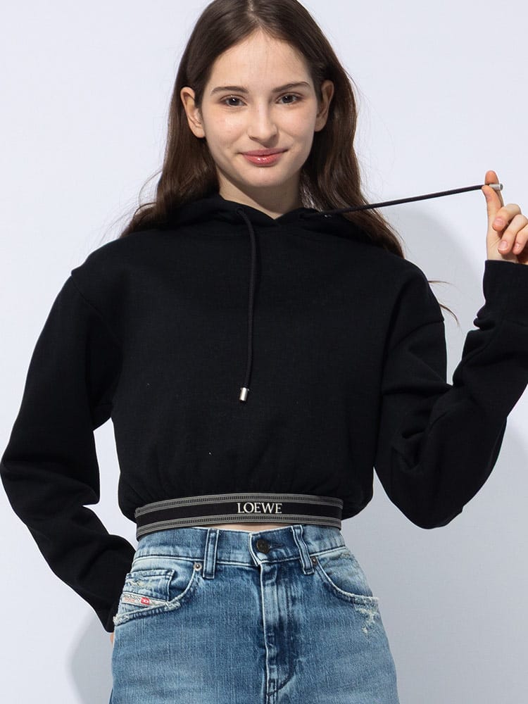 LOEWE (ロエベ) ウエストロゴ 裏起毛 プルオーバー クロップド パーカー LELS359Y25X45 レディース