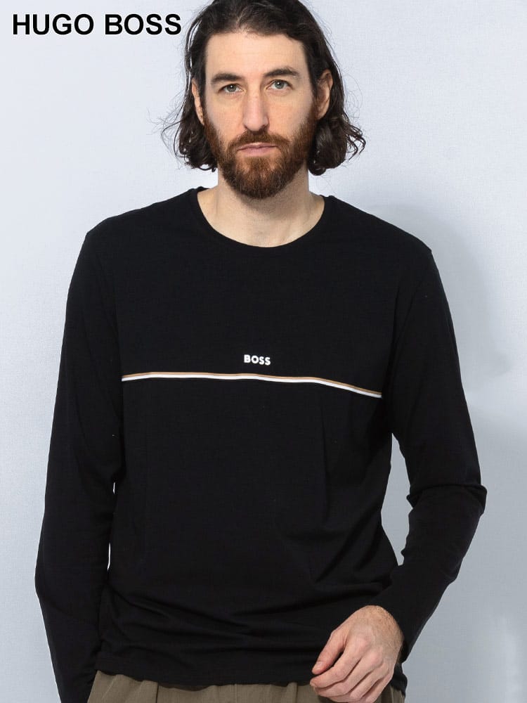 HUGO BOSS (ヒューゴボス) ラインストライプ ロゴプリント クルーネック 長袖 Ｔシャツ HB50515378 メンズ