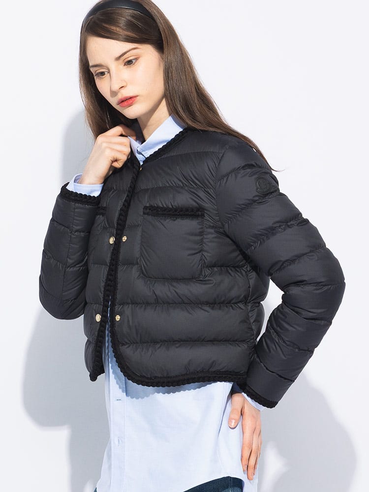 MONCLER (モンクレール) 編み込みトリミング ノーカラー ライトダウン 