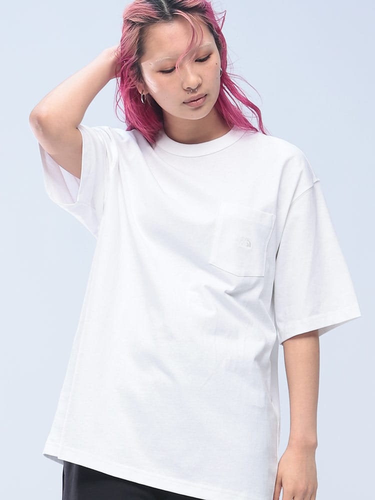 THE NORTH FACE (ザ ノースフェイス) ロゴ刺繍 オーバーサイズ クルーネック ポケット 半袖 Tシャツ NF0A8C3P