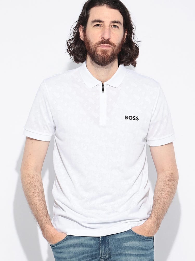 HUGO BOSS (ヒューゴボス) ストレッチ モノグラム ハーフジップ 半袖 ポロシャツ メンズ