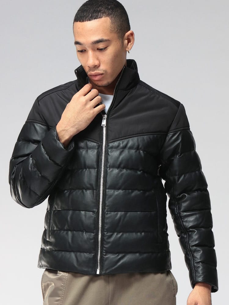 HUGO BOSS (ヒューゴボス) ロゴ レザー 切り替え スタンドカラ― 中綿 ブルゾン HB50547672 メンズ