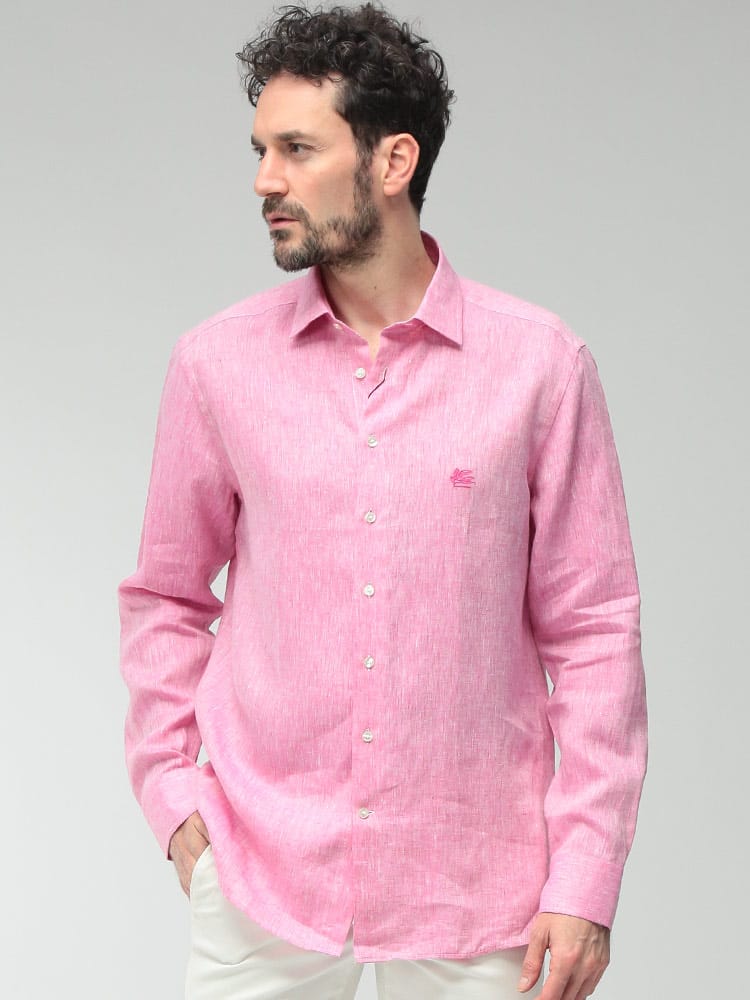 ETRO (エトロ) メンズ シャツ 長袖  麻100％ ワンポイント ロゴ リネン カジュアル シャツ ETMRIB0299TU3F3