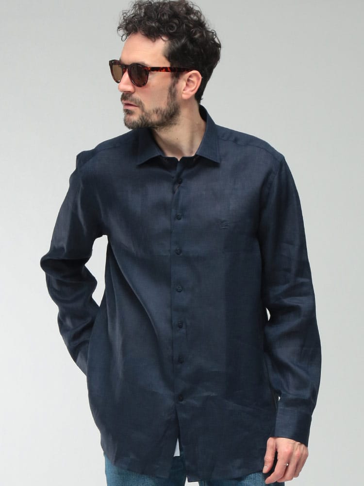 ETRO (エトロ) メンズ シャツ 長袖  麻100％ ワンポイント ロゴ リネン カジュアル シャツ ETMRIB0299TU3F3