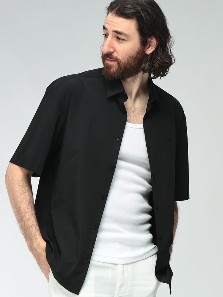 HUGO BOSS (ヒューゴボス) メンズ シャツ 半袖 ストレッチ エンボスロゴ レギュラーフィット オーバーシャツ HBG50559576