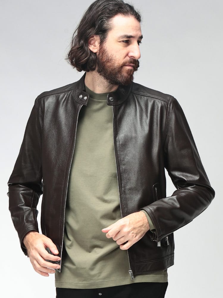 HUGO BOSS (ヒューゴボス) メンズ レザー ジャケット 羊革 フルジップ ブルゾン HB50564586