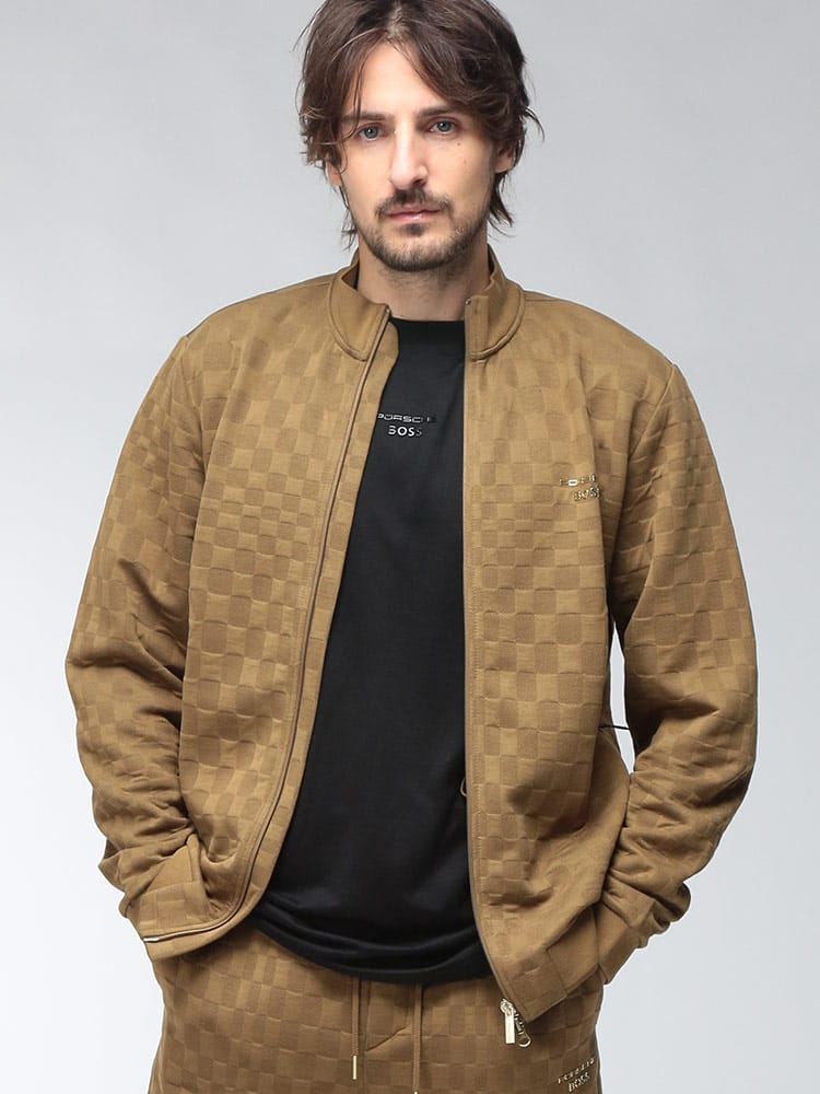 HUGO BOSS (ヒューゴボス) ジップアップ スウェットシャツ PORSCHE セットアップ可能 パシャチェックジャカード スタンド ジャージ HBG50569955