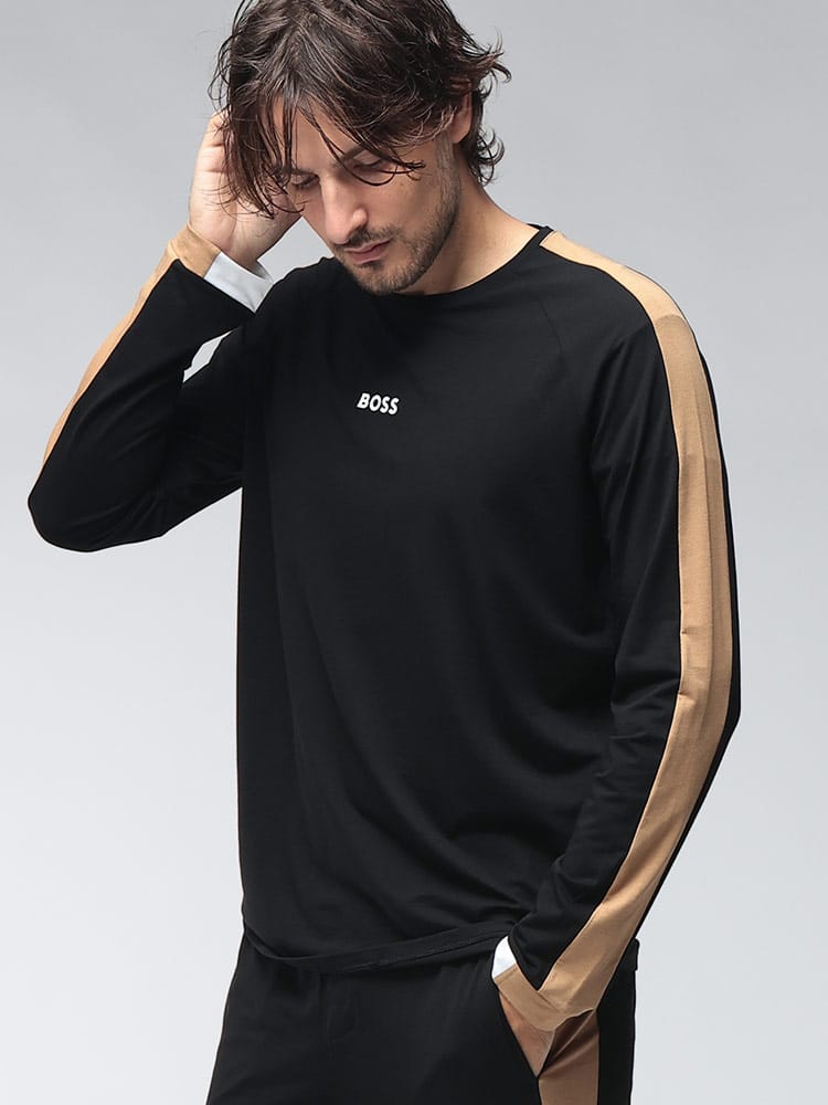 HUGO BOSS (ヒューゴボス) メンズ Tシャツ 長袖 BALANCE ワンポイントロゴ 袖ライン デザイン ラウンジウェア ロンT HBU50571129