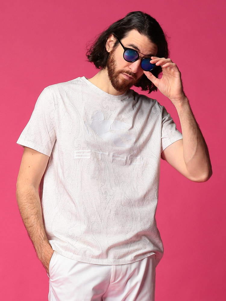 ETRO (エトロ) 綿100％ 刺繍 総柄プリント クルーネック 半袖 Tシャツ PEGASO ET1Y0209996