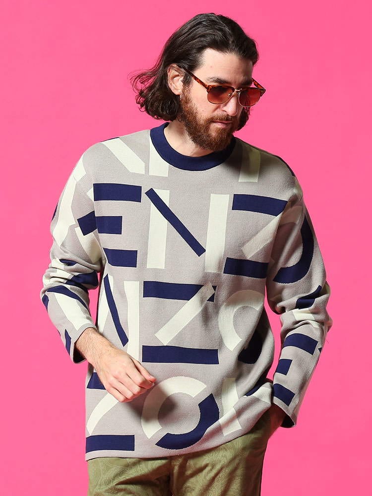 KENZO (ケンゾー) ロゴ総柄 クルーネック 長袖 ニット MONOGRAM GRAY KZFB55PU5323SC