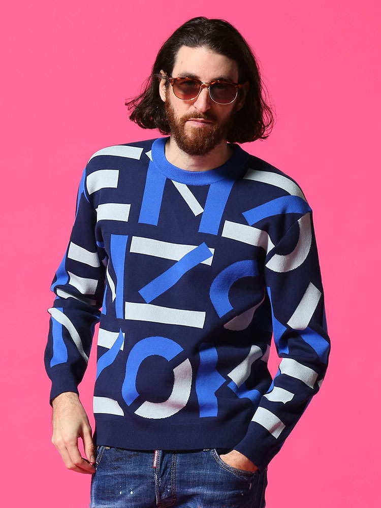 KENZO (ケンゾー) ロゴ総柄 クルーネック 長袖 ニット MONOGRAM BLUE KZFB55PU5313SC