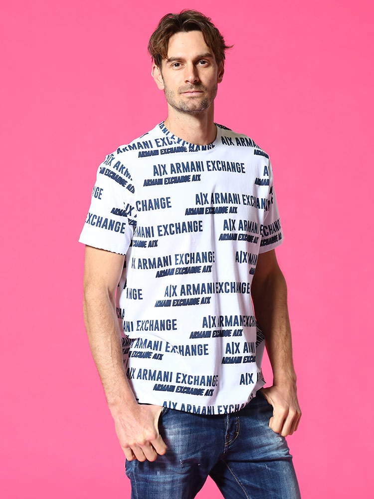ARMANI EXCHANGE (アルマーニエクスチェンジ) 総ロゴプリント クルーネック 半袖 Tシャツ WHITE AE3KZTFCZJH4Z