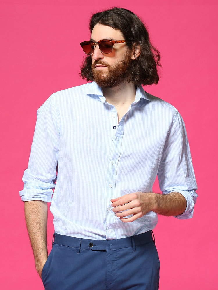 LARDINI (ラルディーニ) 綿麻 細ストライプ ホリゾンタルカラー 長袖 シャツ LDCIROELC1352