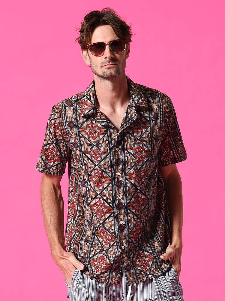 GUY ROVER (ギローバー) スクエアプリント ポケット オープンカラー 半袖 シャツ GRGR959L511287 ブランド