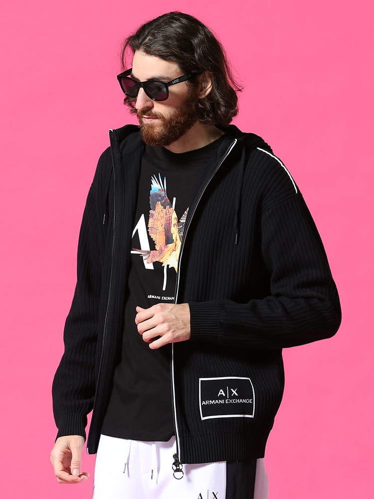 ARMANI EXCHANGE (アルマーニエクスチェンジ) ロゴ フード フルジップ リブニット 長袖 パーカー AE3KZE1EZMU2Z メンズ スウェット