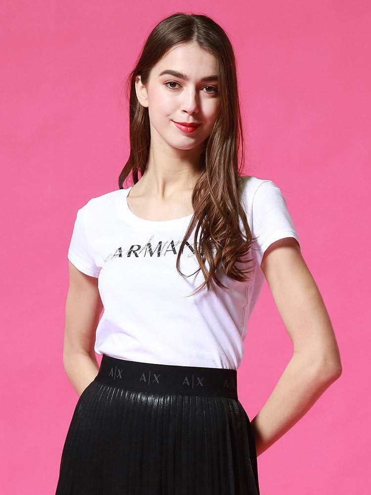 ARMANI EXCHANGE (アルマーニエクスチェンジ) ロゴ プリント×刺繍 Uネック 半袖 Tシャツ AEL3KYTGVYJ73Z