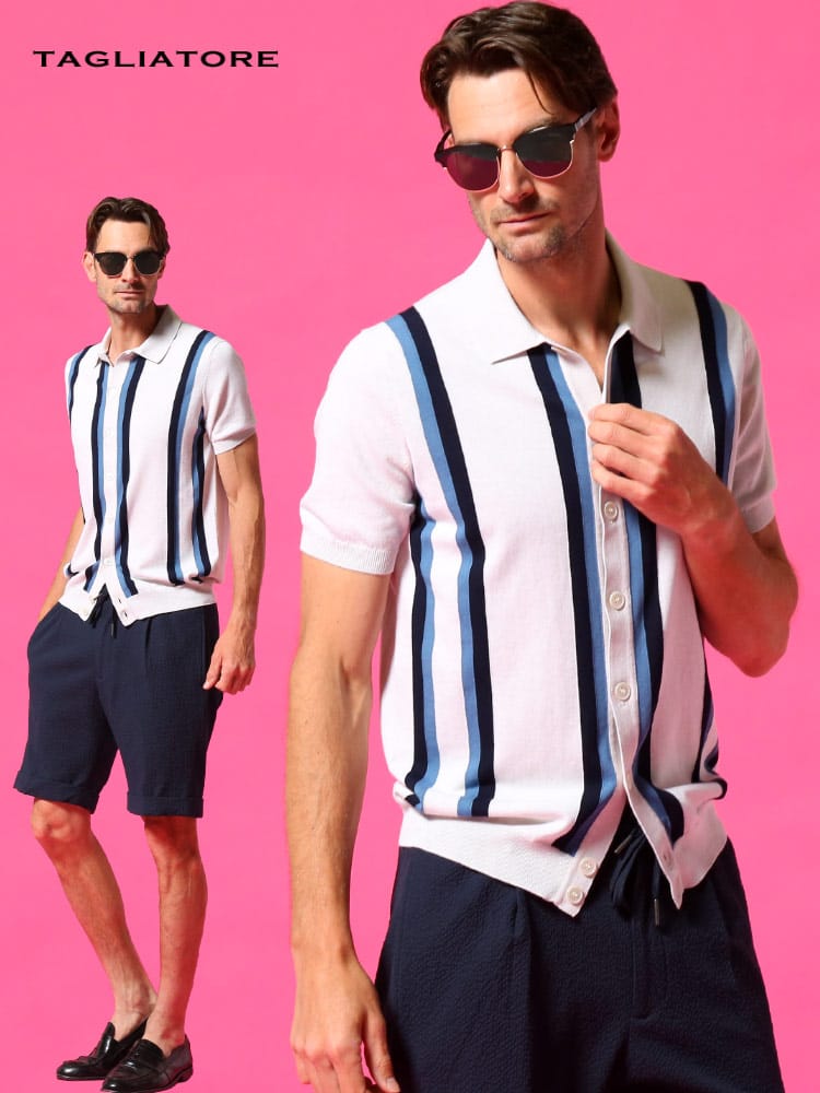 タリアトーレ メンズ TAGLIATORE シャツ 半袖 ストライプ フルボタン ニット ブランド トップス コットンニット TGSSCCR35GSE21