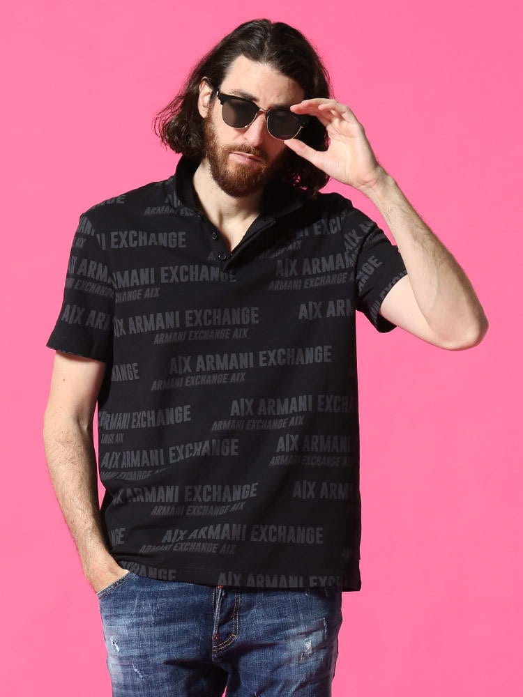 ARMANI EXCHANGE (アルマーニエクスチェンジ) 総柄プリント リブ衿 半袖 ポロシャツ AE3KZFAEZJ7YZ