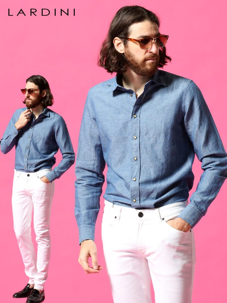 LARDINI (ラルディーニ) 綿麻 デニム 無地 長袖 シャツ LDOSCARELC1378
