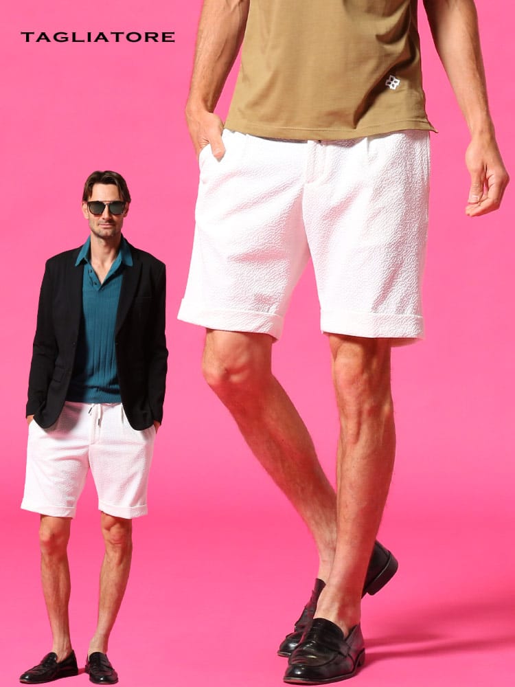 タリアトーレ メンズ TAGLIATORE ショートパンツ シアサッカー ストレッチ ワンプリーツ ブランド ボトムス パンツ ショーツ TGDONNY23UEZ076