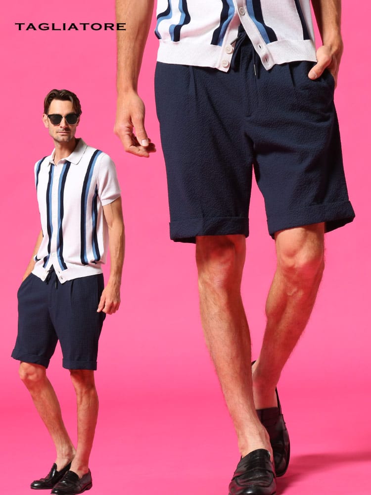 タリアトーレ メンズ TAGLIATORE ショートパンツ シアサッカー ストレッチ ワンプリーツ ブランド ボトムス パンツ ショーツ TGDONNY23UEZ076