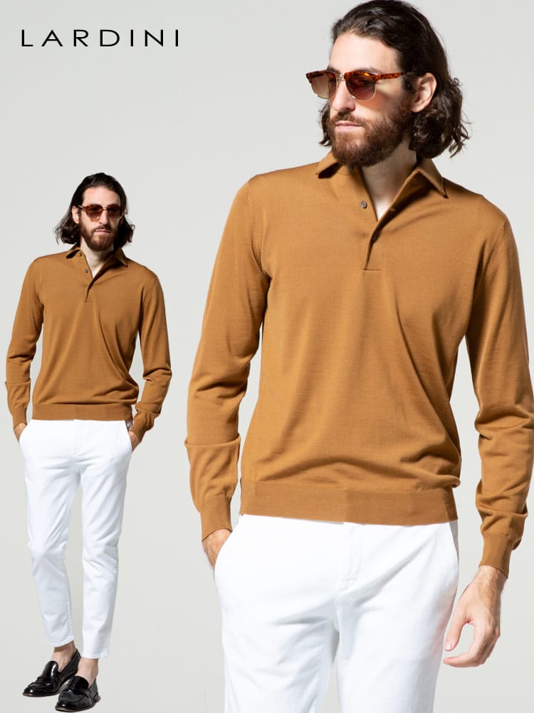 LARDINI (ラルディーニ) ウール100％ 無地 長袖 ニット ポロシャツ LDPML32IP57022 ブランド