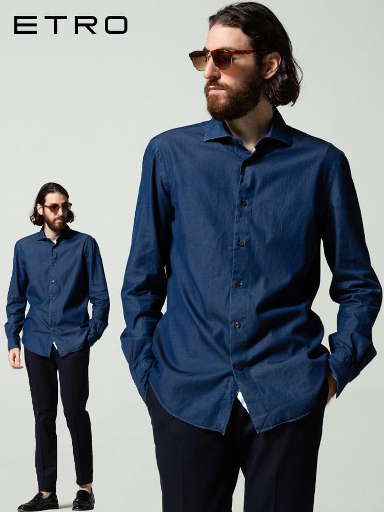 エトロ メンズ ETRO コットン デニム 長袖 シャツ ブランド トップス デニムシャツ ドレスシャツ ET1K3669601 