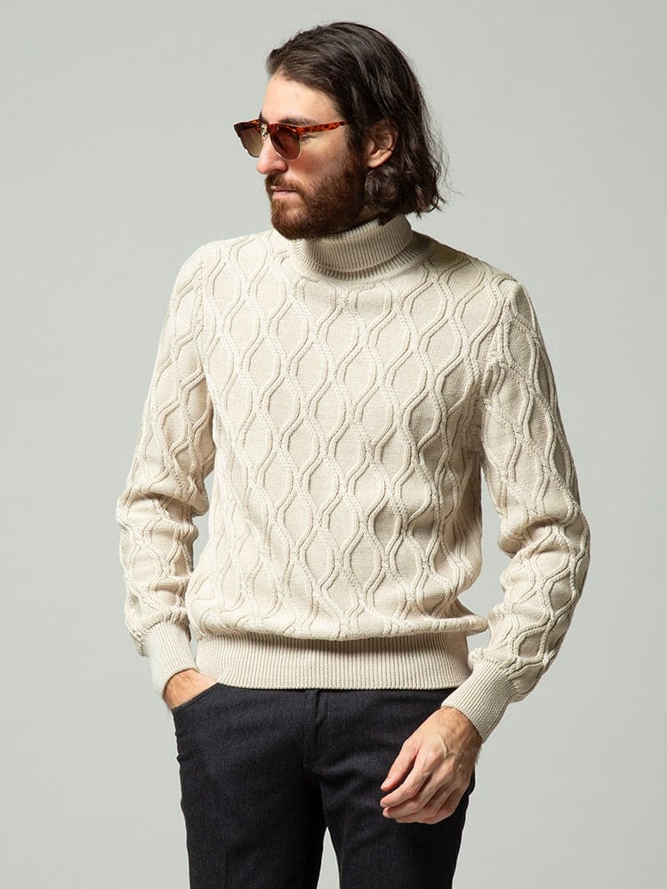 LARDINI (ラルディーニ) ウール100％ ケーブルニット タートルネック セーター LDMML226IP57012